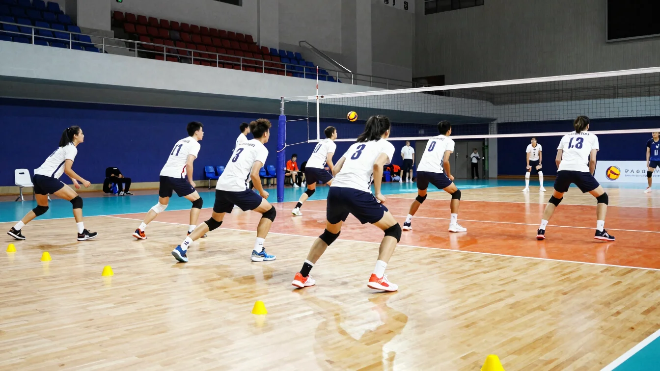 Volleyball players performing lateral shuffle drills across a par