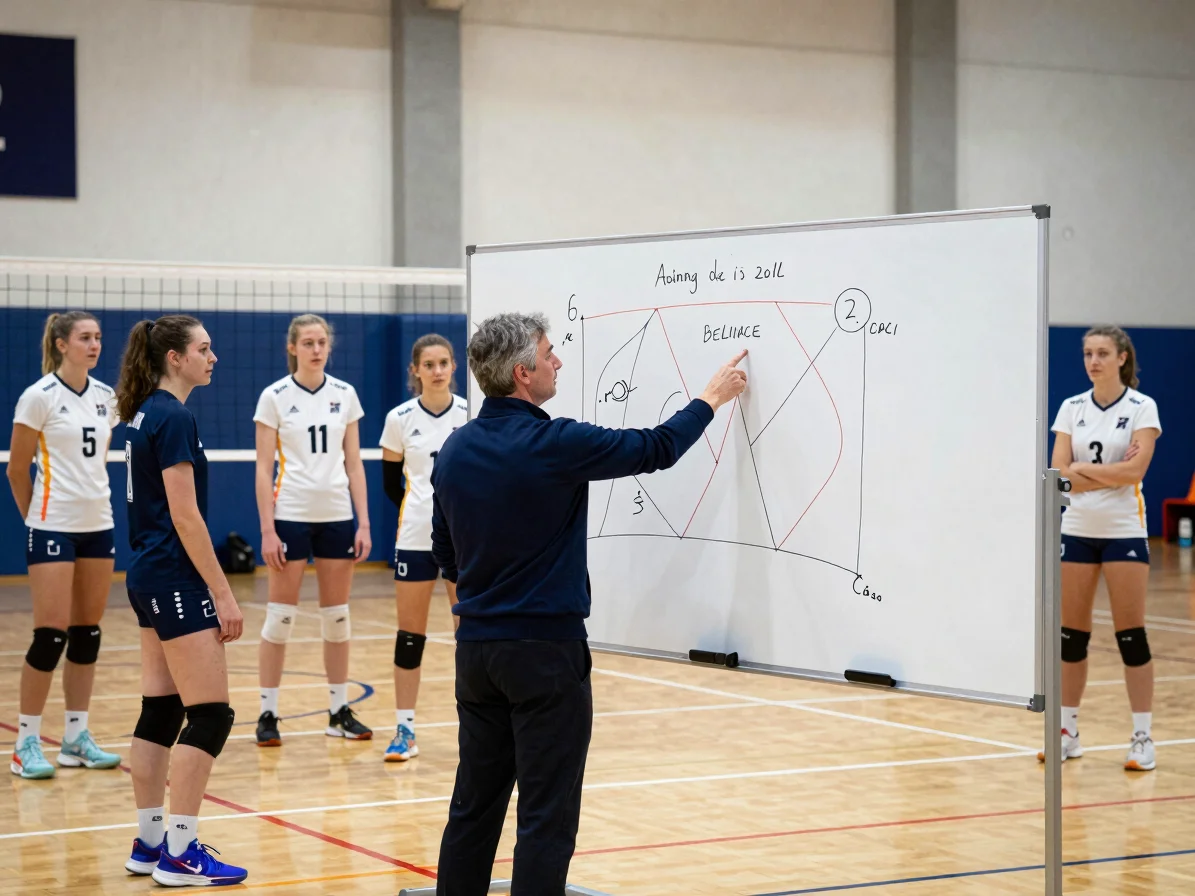Indoor volleyball coach and players in a French school gymnasium reviewing a tactical whiteboard, crisp sports-hall ligh