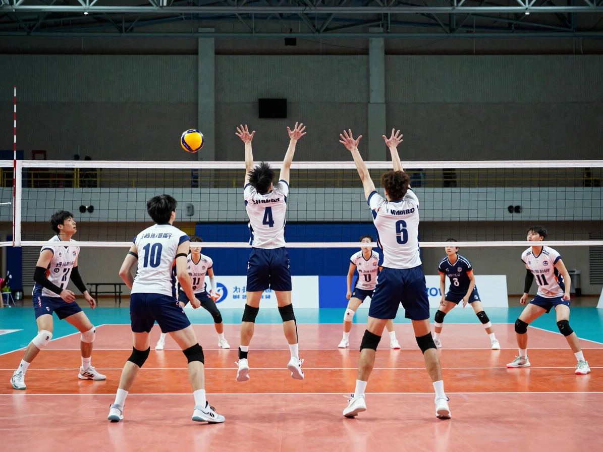 Volleyball defensive players in a ready stance at the net on an i