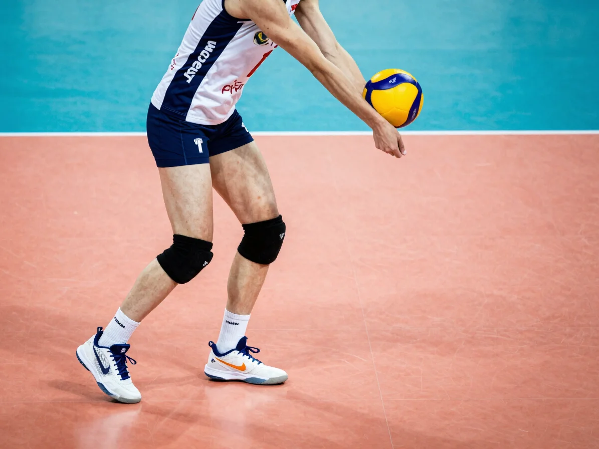 Indoor volleyball player in navy-and-white kit receiving a serve