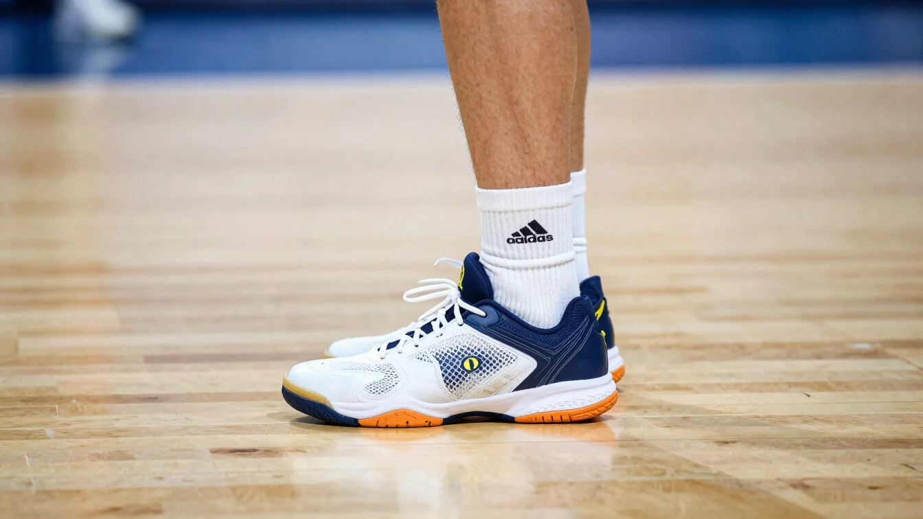 Close-up of a navy volleyball shoe outsole gripping a polished wo