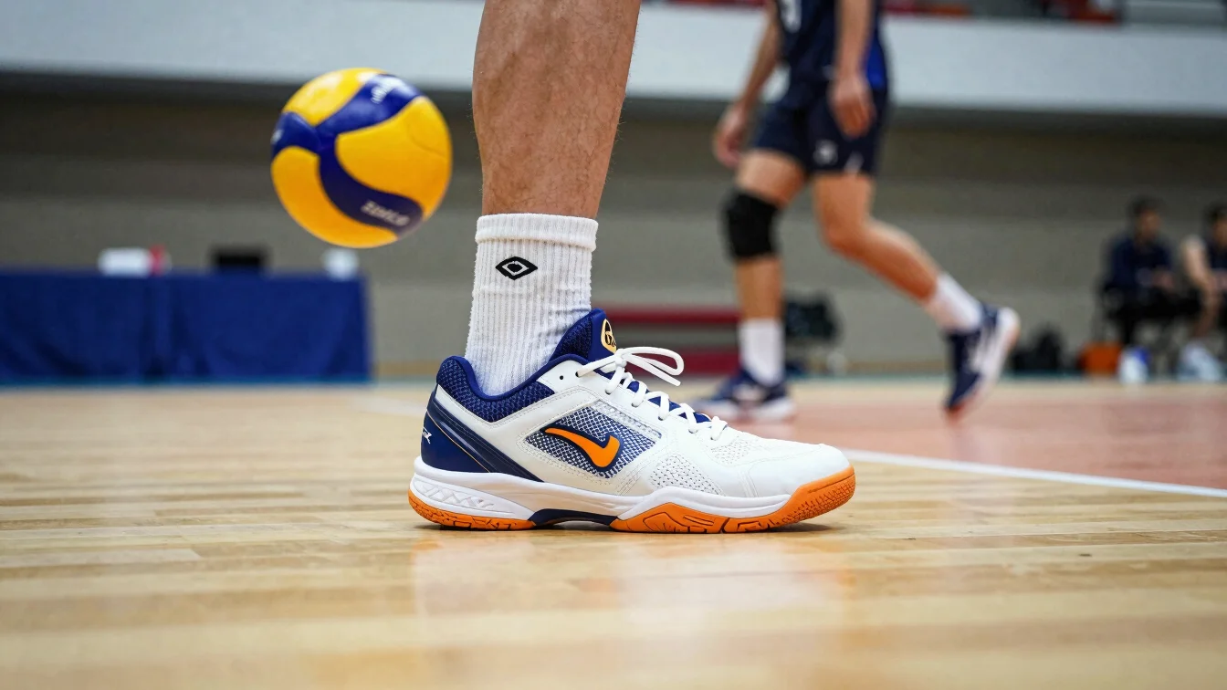 Side view of a volleyball shoe on an indoor court with a player p