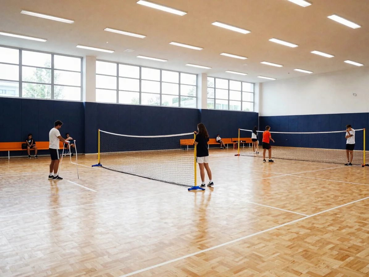 Wide shot of an ordinary French municipal gymnasium with parquet