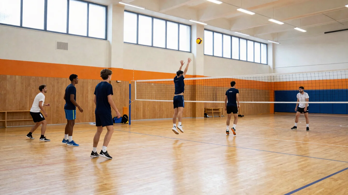 Training session in a French gymnasium, players performing a jump