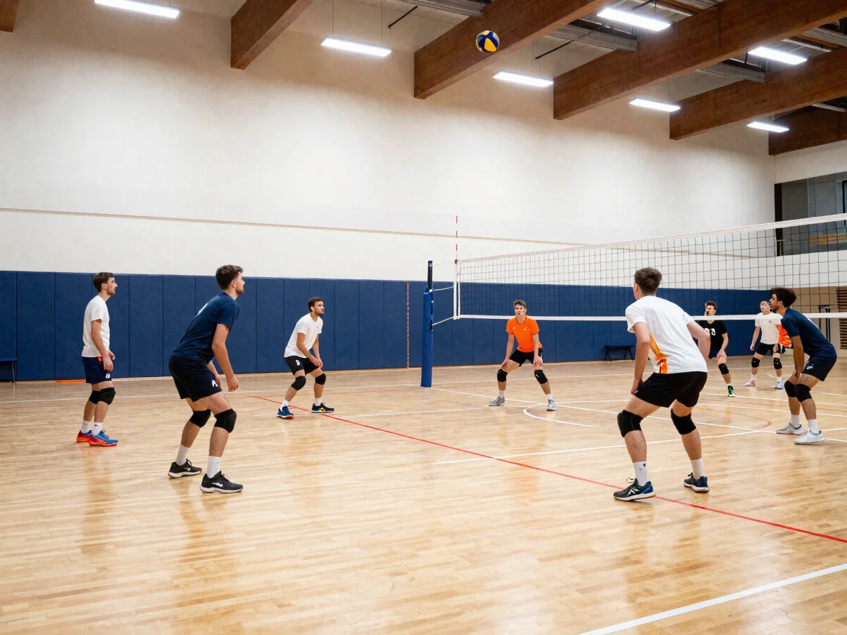 Amateur volleyball players during a shared evening training sessi