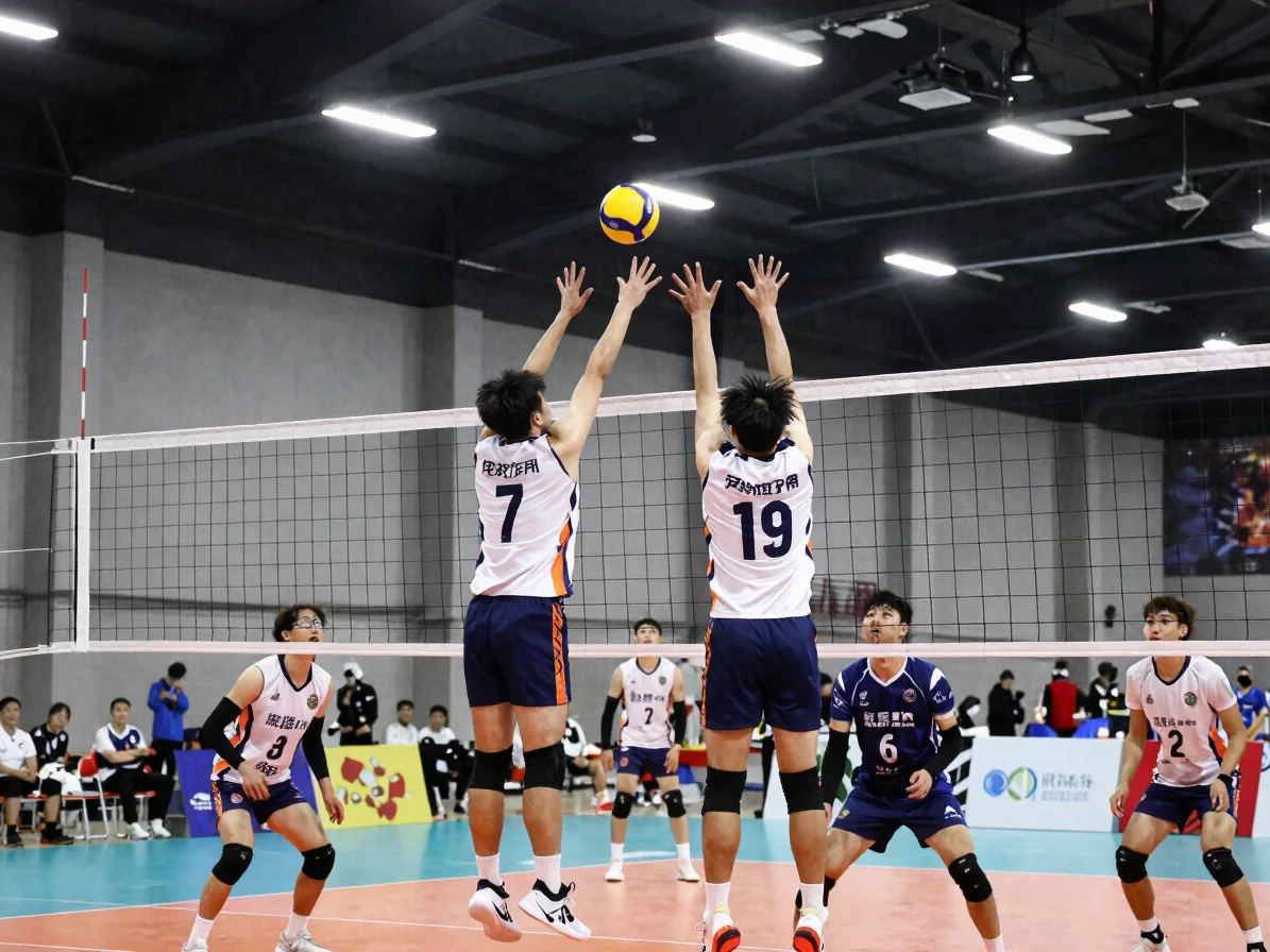 Indoor match moment at a regional amateur volleyball tournament,