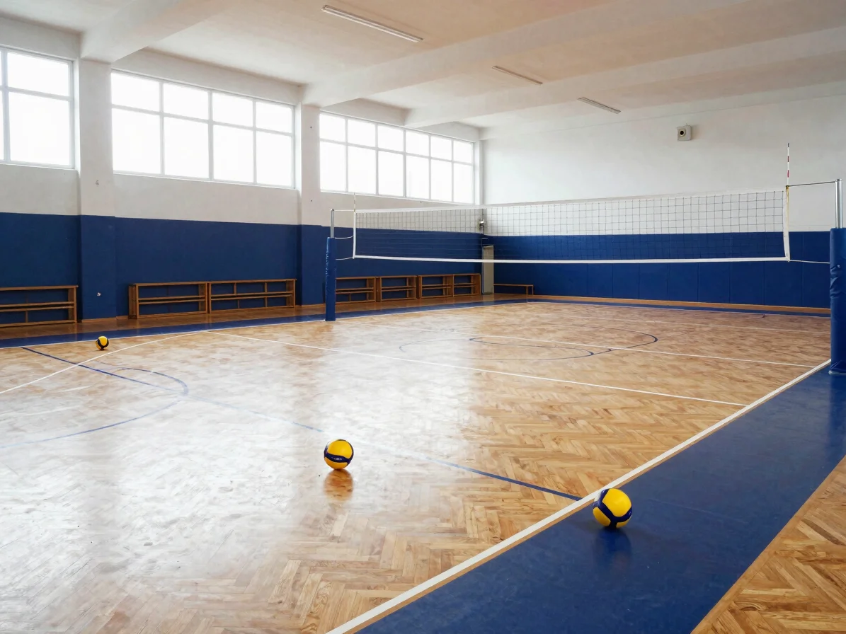 Wide panoramic view of an ordinary French gymnasium with worn par