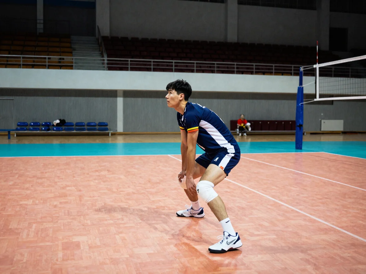 Wide indoor volleyball court with parquet floor and crisp sports-