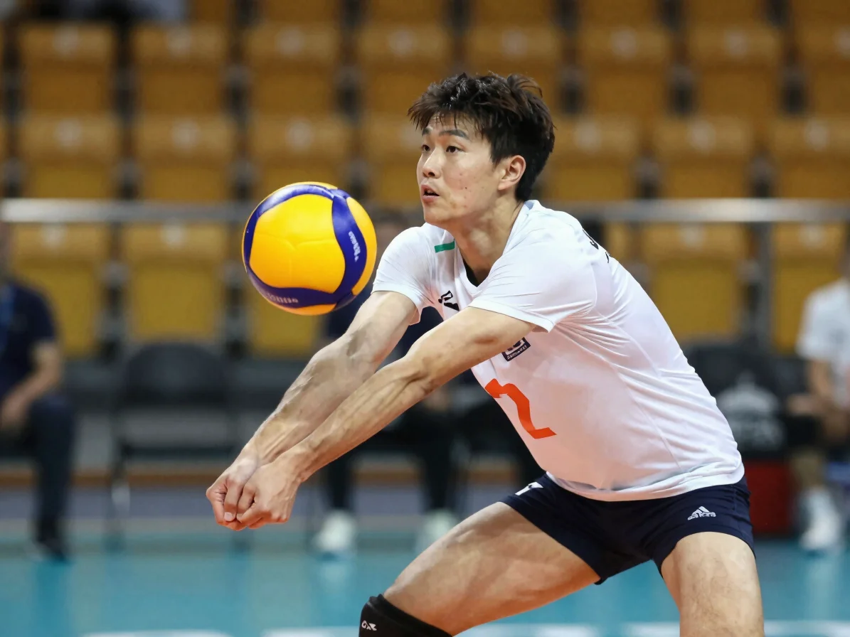 Close action shot of a volleyball player in a low defensive stanc