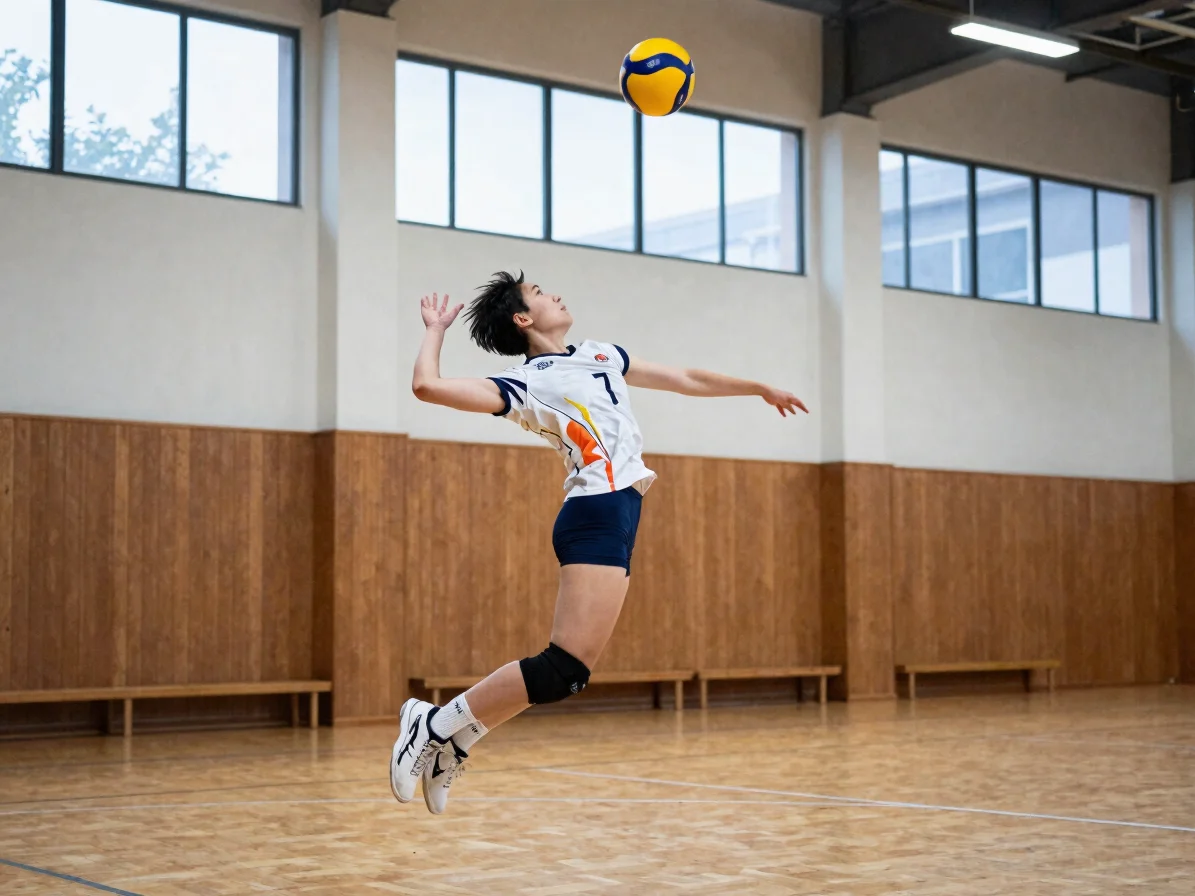 Volleyball player mid-air during a jump serve, arm fully extended