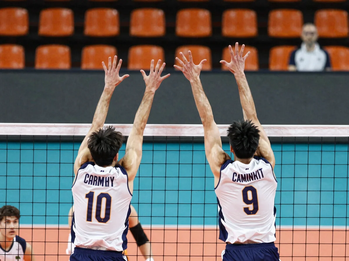 Two volleyball players contesting a block at the net, hands raise
