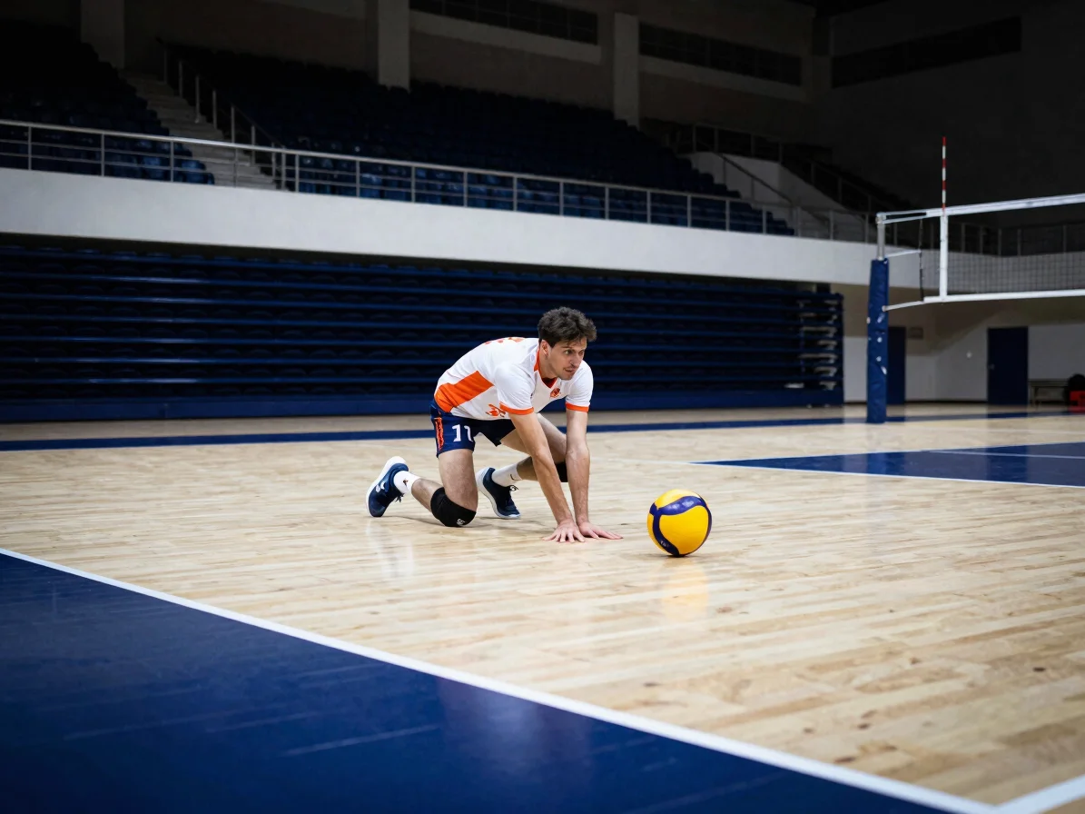 Indoor sports hall, a volleyball player mid-approach performing a