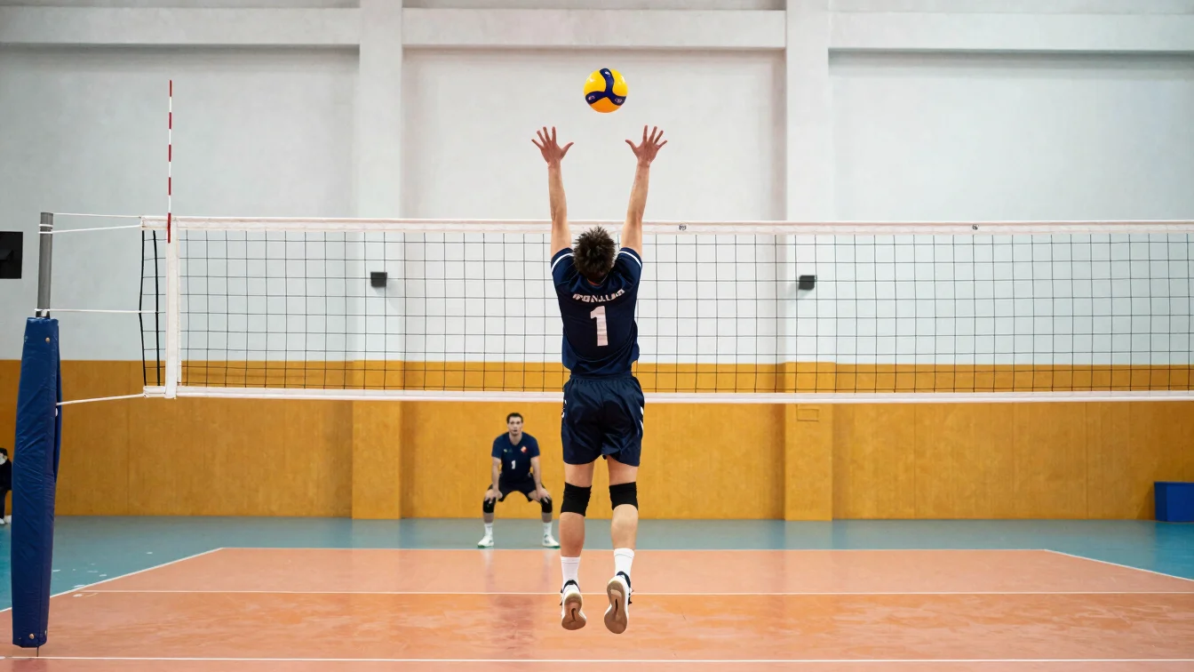 Volleyball player performing a vertical jump with arms extended a