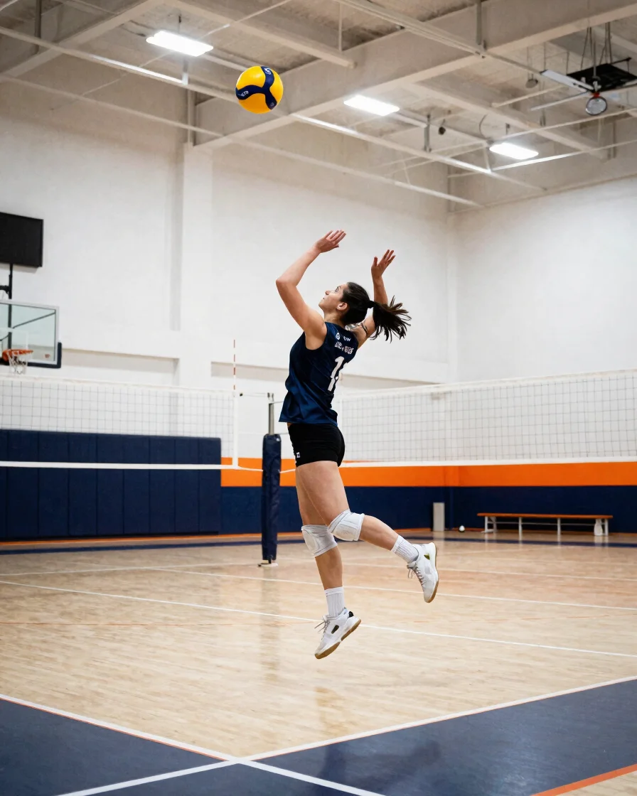 Editorial sports photograph of a female volleyball player in mid-